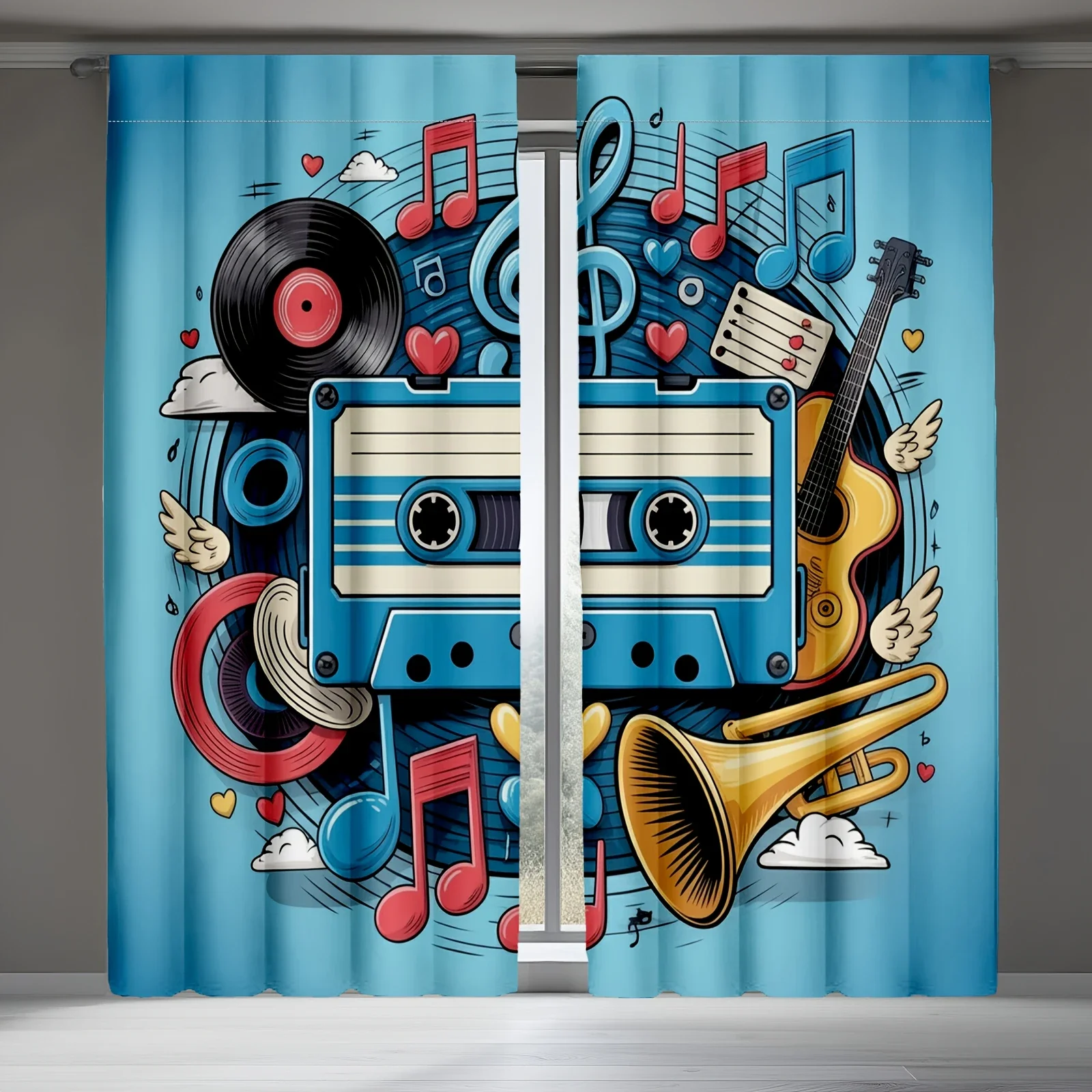 

Retro music element patterns Print Drapes Room Darkening Window Curtains for Home Decor,Rod Pocket Blackout Curtains Bedroom
