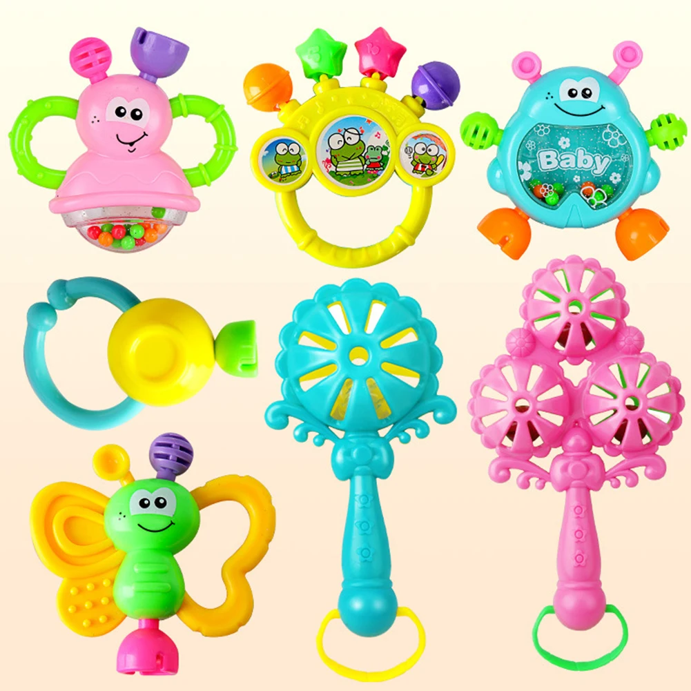 7pcs/set Hand Knocking Rattle Dumbbell Early Educational Toy for Kids Hand Bell Baby Toy 0-3 Years Infant Hand Grab Rattles