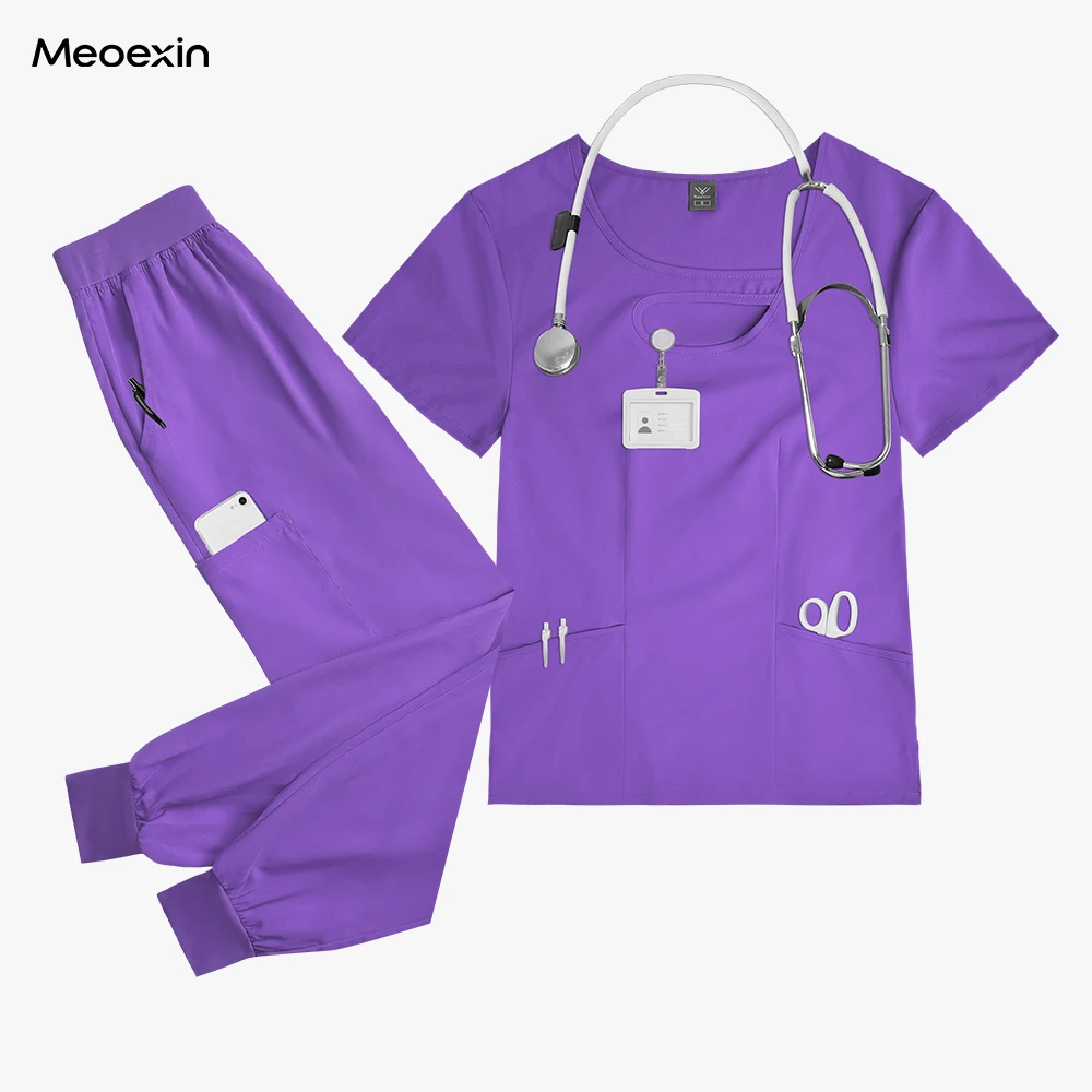 

Surgical Uniforms Woman High Quality Elastic Scrub Joggers Fashion Short Sleeved Tops Scrub Sets Pet Grooming Veterinary Uniform