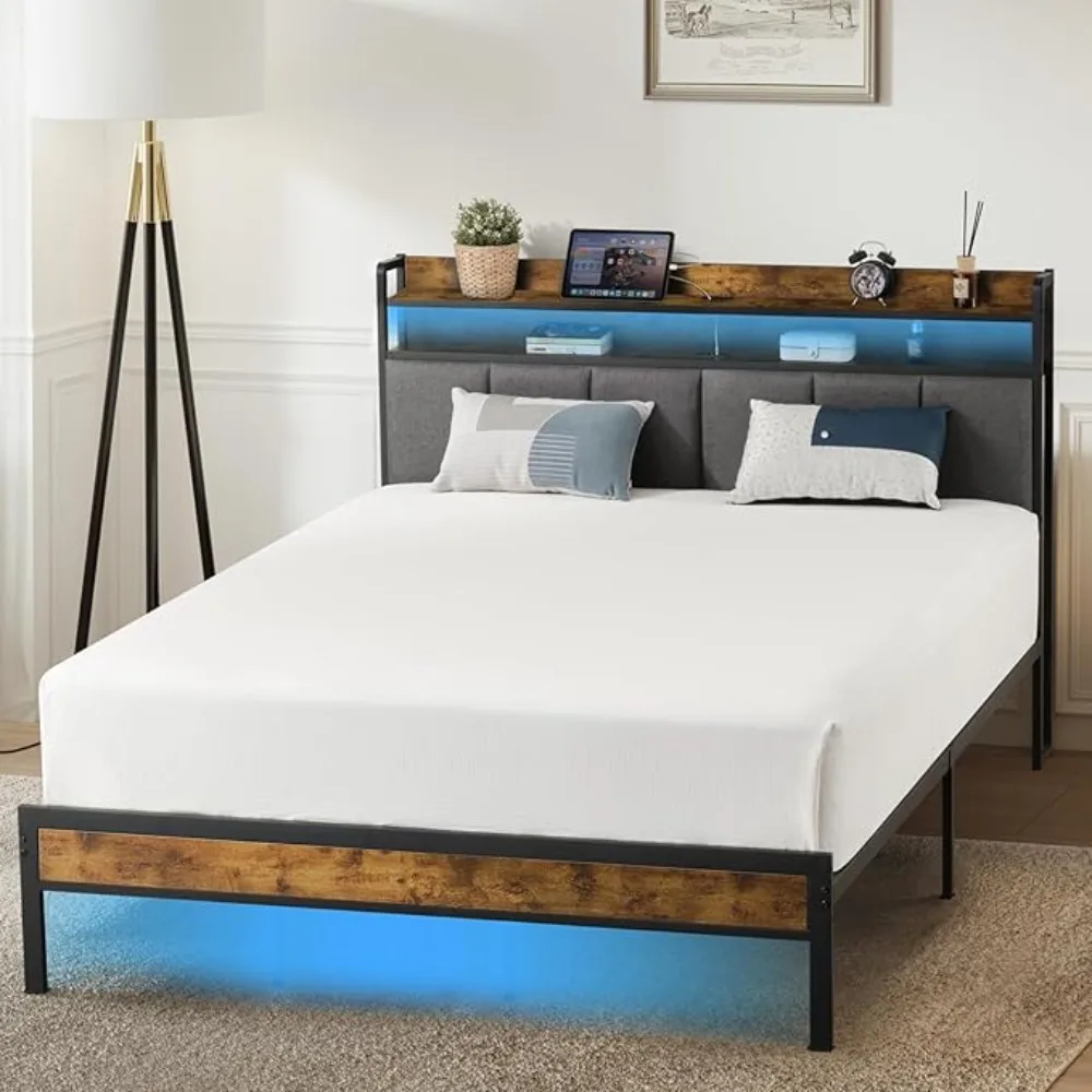 

LED Twin Size Bed Frame with Headboard & Charging Station, Metal Platform, 2-Tier Storage, No Noise, Easy Assembly Bed Frame