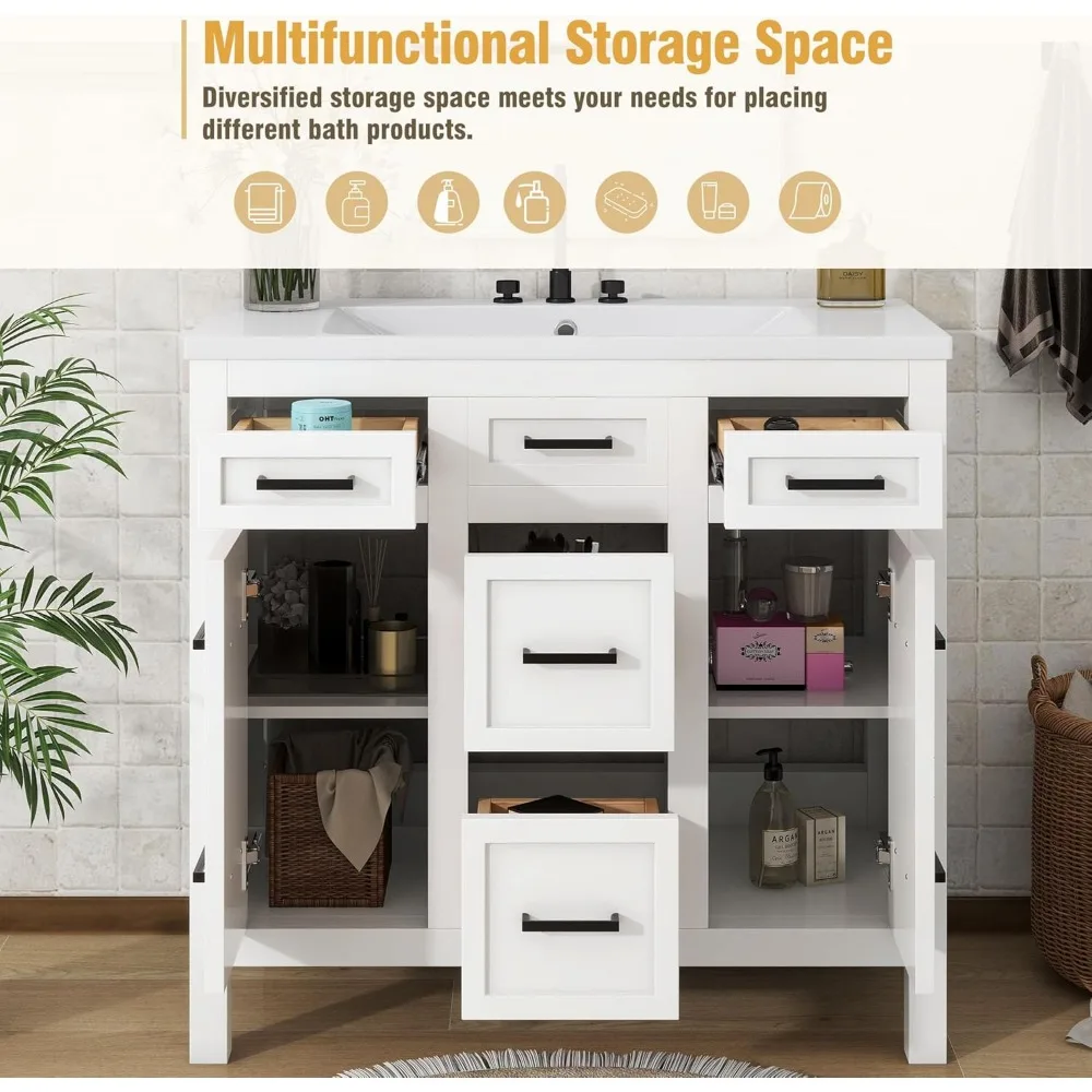 moderna vaidade de banheiro de madeira maciça de 36" com pia, 2 portas, 4 gavetas e prateleira ajustável