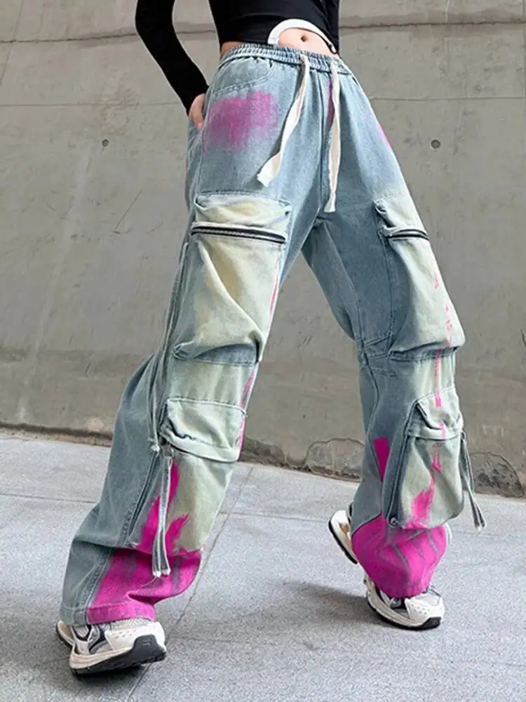 High Elastic Waist Blue Denim Pocket Long Jeans Cargo Pants New Trousers Women Fashion Tide Spring Autumn