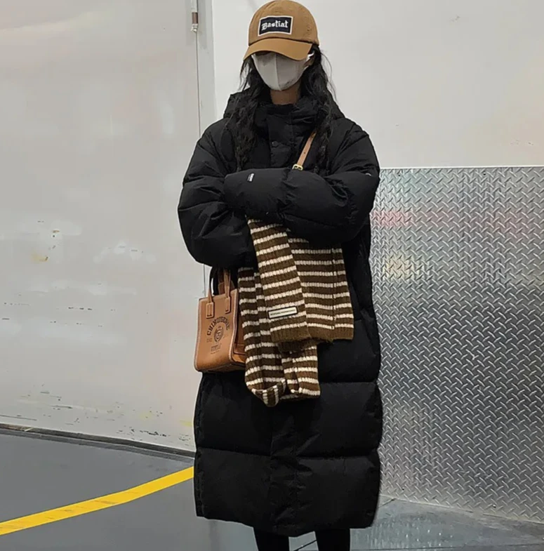 

Women's Thickened Down Cotton Jacket, Long Over-Knee Winter Coat, Trendy Bread Sleeve Knitted Outerwear
