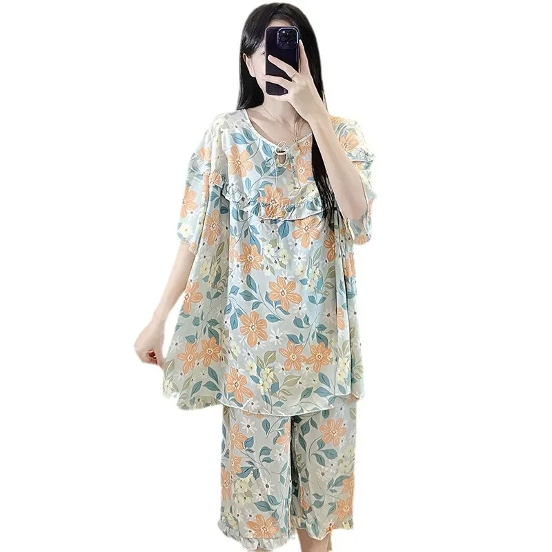 Conjunto de Pijama de satén con estampado Floral para mujer, pantalones cortos de manga corta, 2 piezas, ropa de dormir