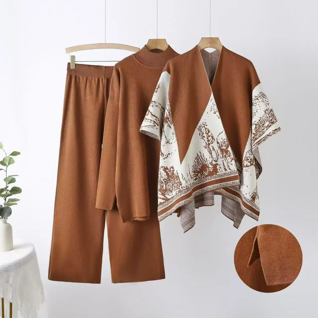 

Shawl Jacket Spring And Autumn Sweater Loose Wide-leg Pants Three-piece Fashion Casual Jacket Knitted Suit