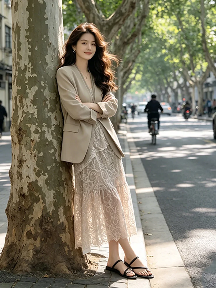 

Elegant Lace Blouse And High Waist Pants Women's Fashion Set Spring Summer Breathable Comfortable Slimming Two Piece Suit