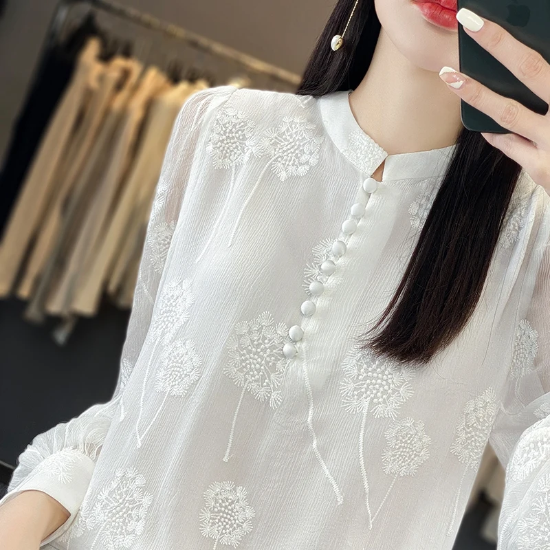 Primavera novedad de verano Sle mujer gasa irt ahueca hacia fuera bordado redondo Ne suelto ajuste Vintage chino Sle Me Top