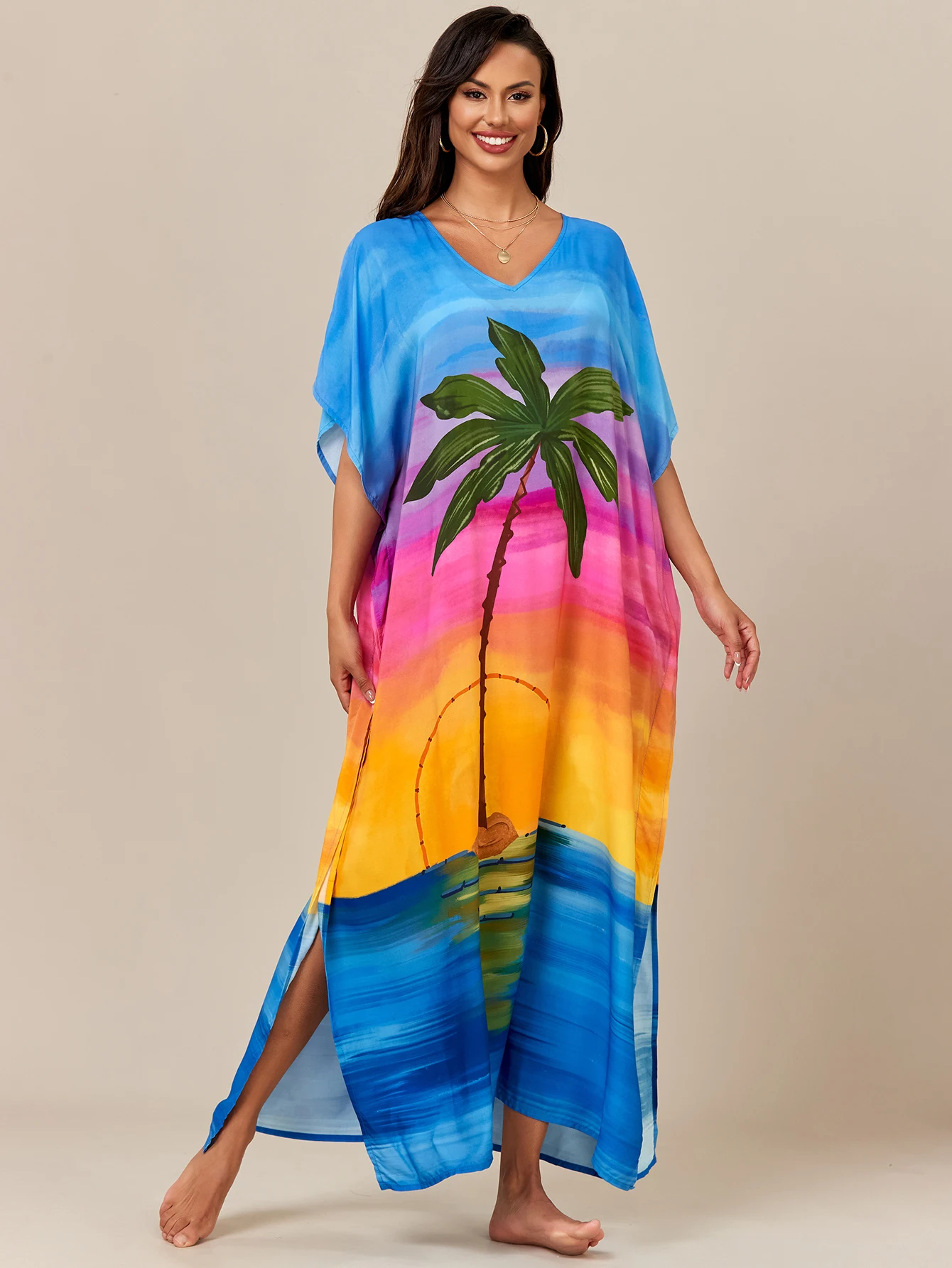 

Женское летнее пляжное этническое хлопковое платье с v-образным вырезом и боковыми разрезами, курортное платье, накидка на бикини