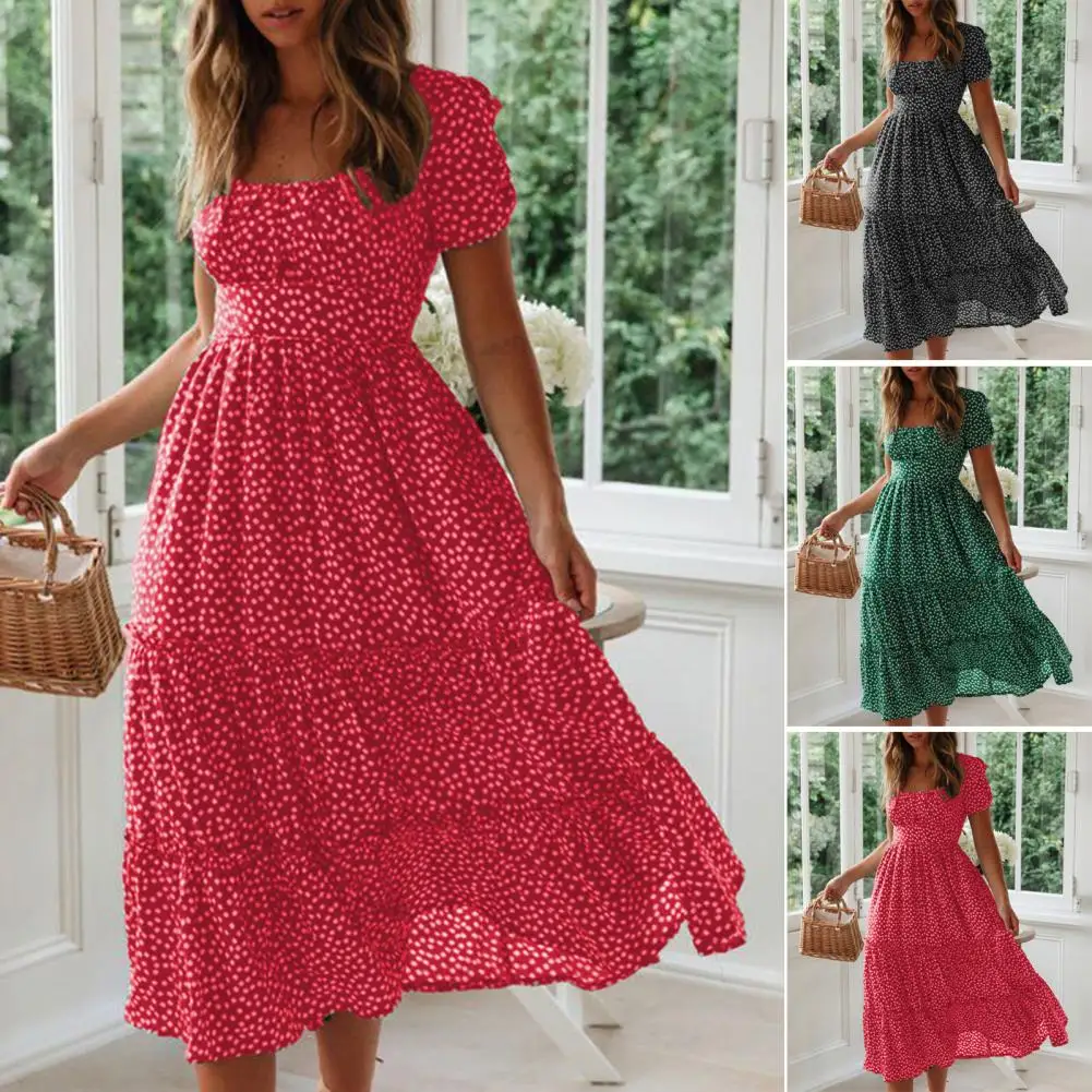 

Commuter Style Dress Floral Patchwork A-line Midi Dress with Square Neck Bubble Sleeves Women's Flowy Hem Pleated Shirring