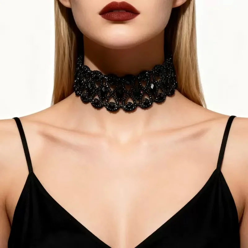 Fashionable shiny rhinestone black crystal neck necklace, neckband rhinestone necklace, necklace, Choker collarbone chain