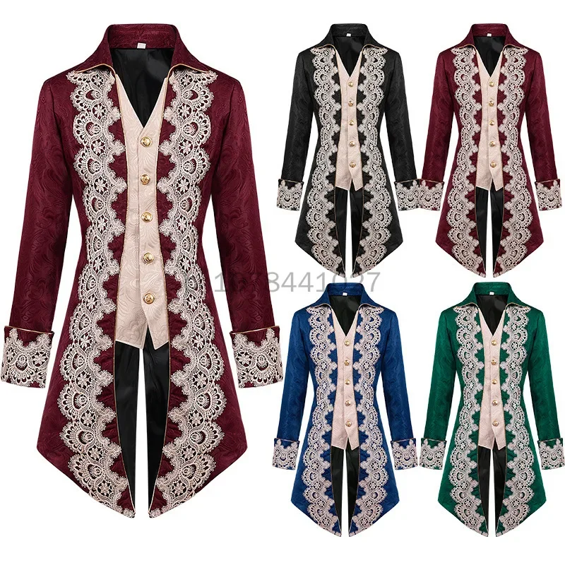 Medieval Victorian Renaissance Lace Trim Tuexdo Halloween Cosplay Gothic Tailcoat Nobleman King Prince Jacket Party StageCostume