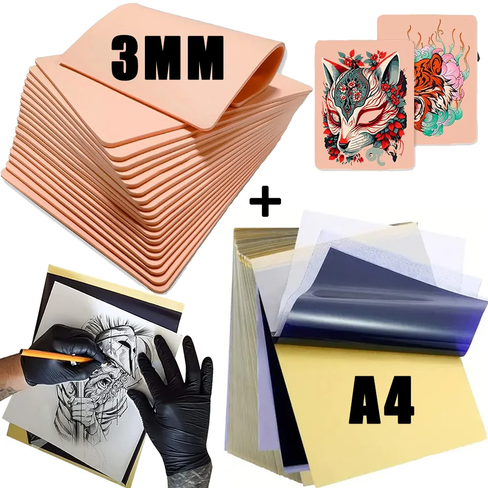 

Tattoo Fake Skin and Paper Set 3MM Thick Tattoo Practice Skin with A4 Size Tattoo Transfer Thremal Paper Kit Tattoo Accessories