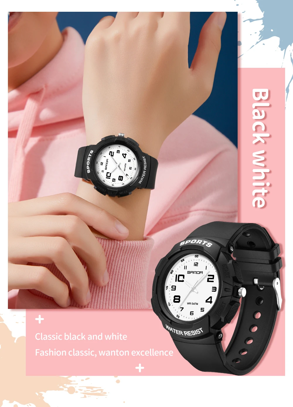 Sanda 9074 Trendy Design Soft Student Watch TPU Strap 50M Depth Waterproof Quartz Movement Children Fashion Sports Wrist Watch