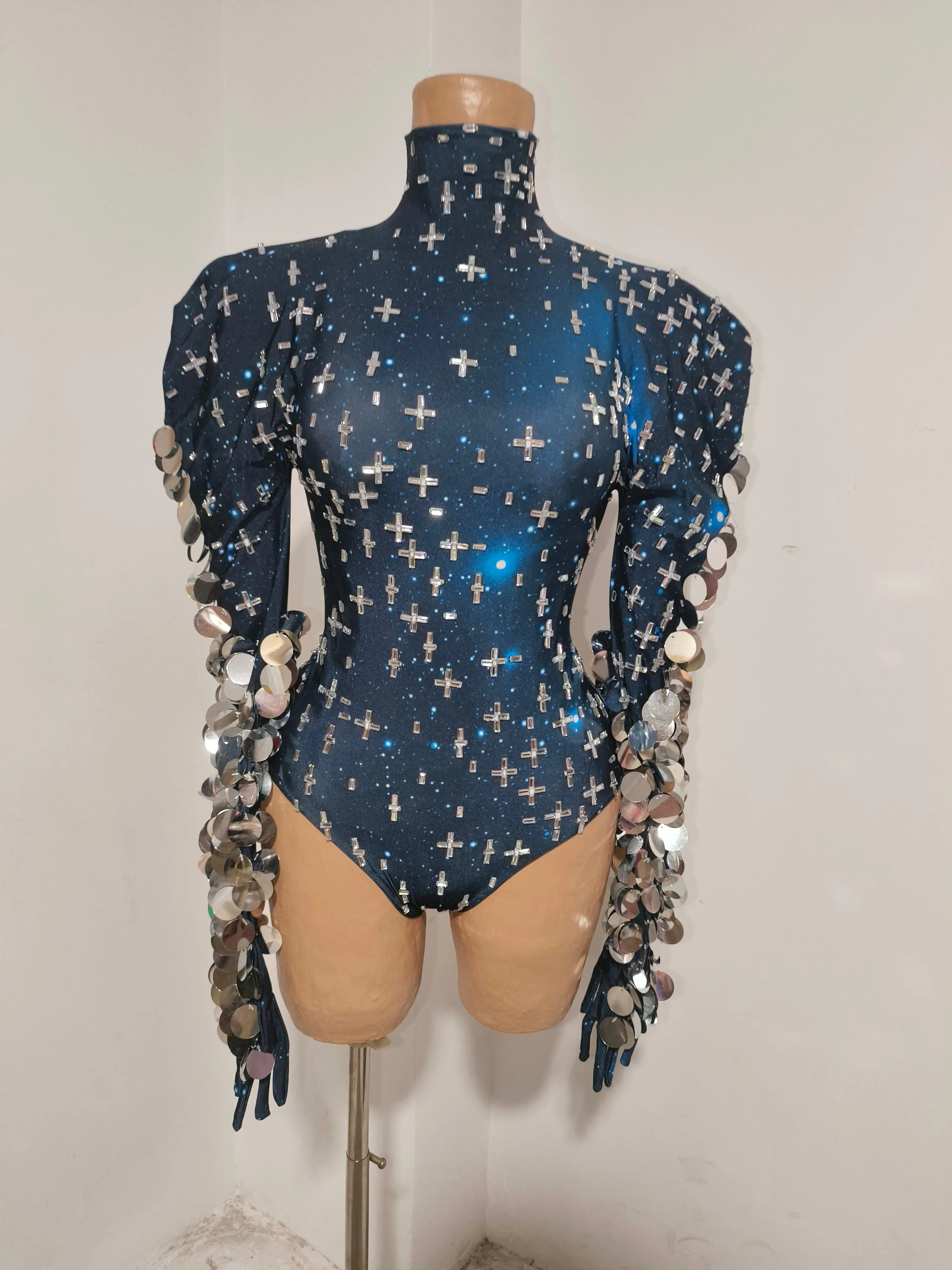 Dark Blue Starry Sky Sparkly Bodysuit LongPuff Sleeve Large Holographic Sequins ArmTassel Concert Show Dancer Stage Wear