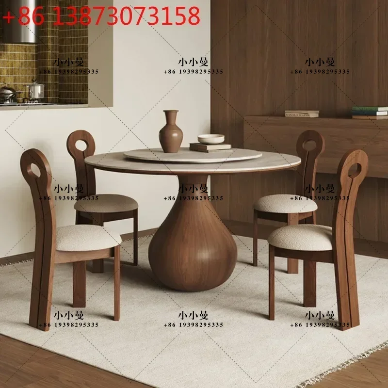 Medieval travertine rock slab solid wood household small apartment restaurant black walnut retro dining table