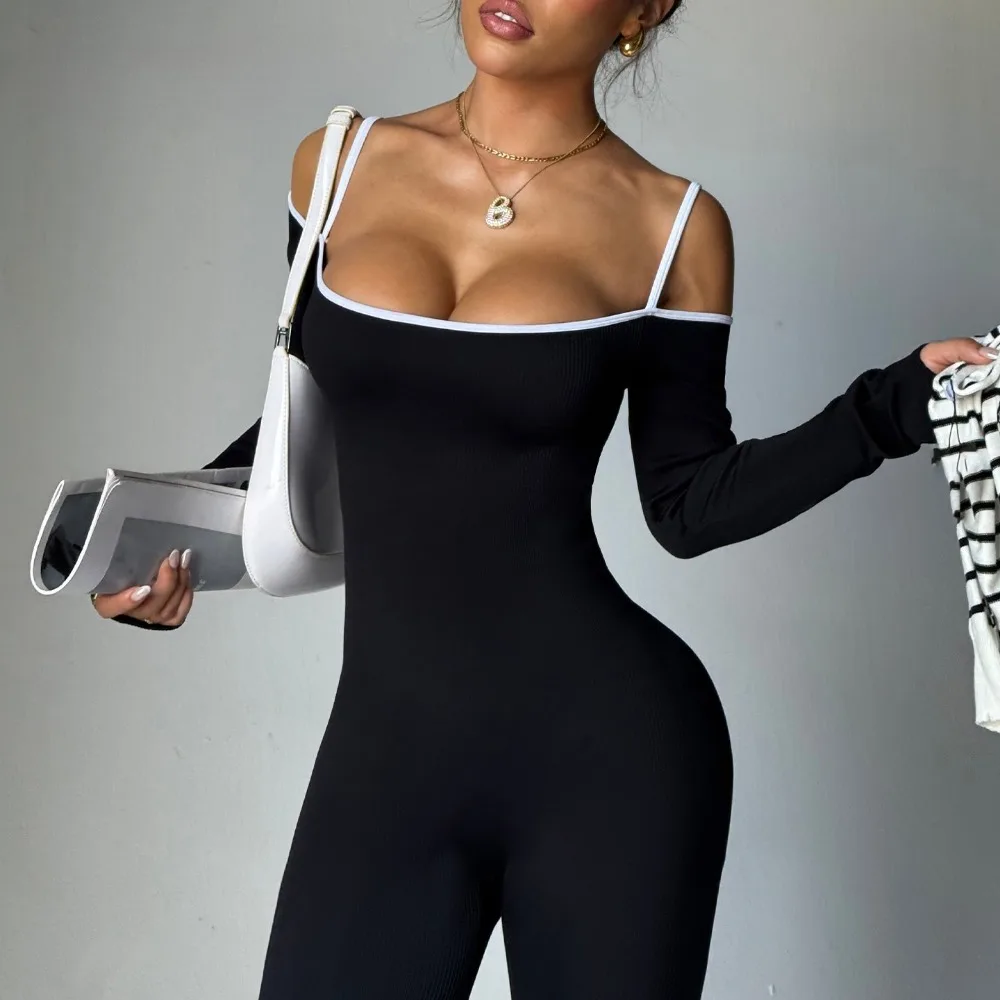 

Бесшовный женский спортивный комбинезон с длинными рукавами и бретелями, облегающий, с открытой спиной, для фитнеса и йоги, удобный, классический, универсальный