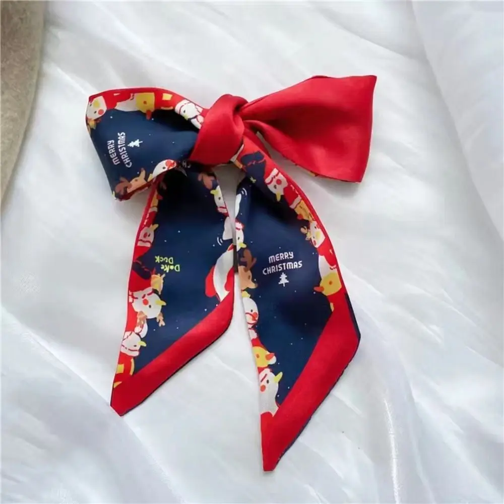 Diadema de cinta Simple para mujer, bufanda de seda navideña, bufanda larga con estampado de Papá Noel, lazo para el cabello de alce, banda para el cabello