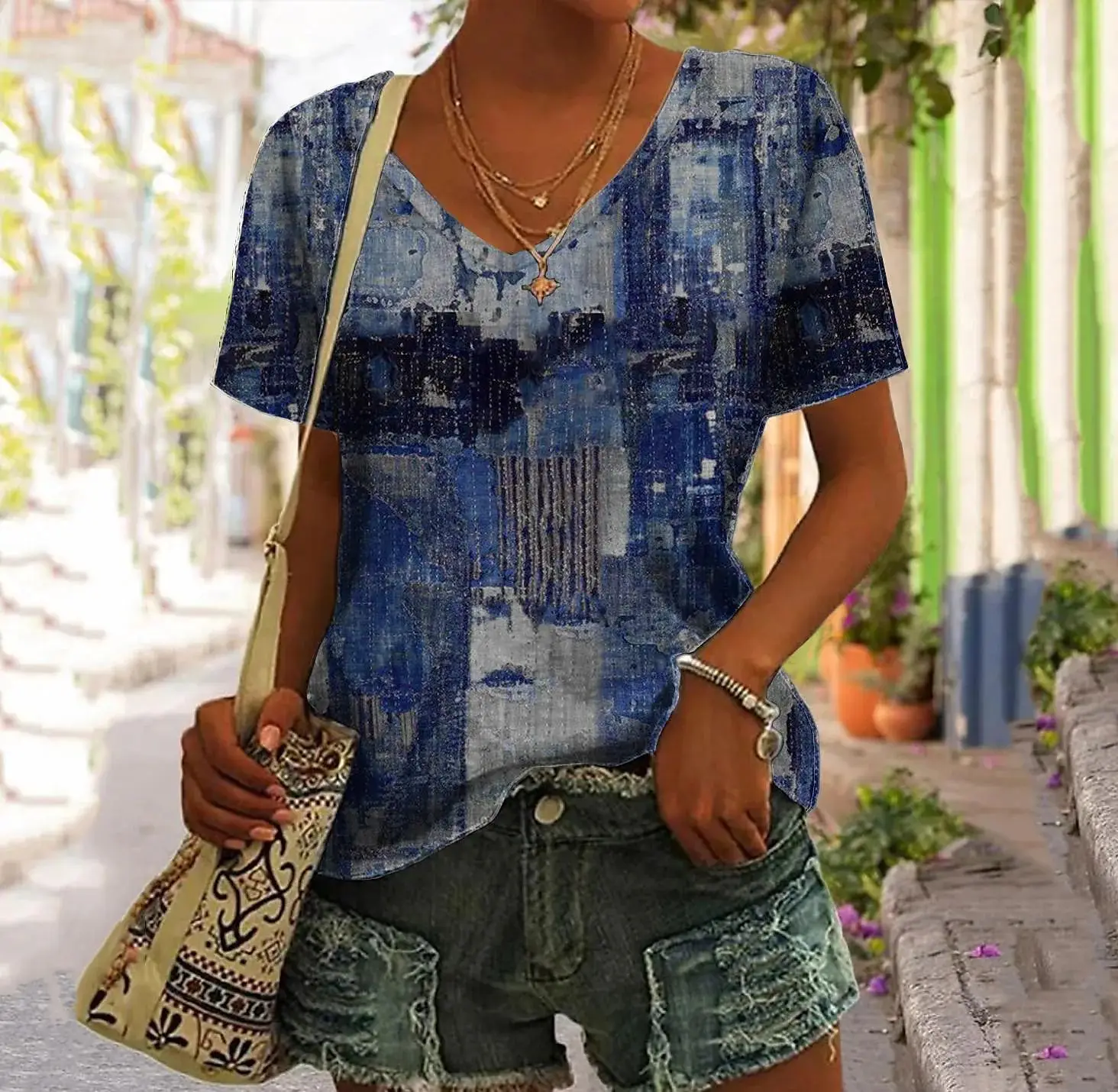 Vintage Patchwork Women\'s T Shirt Plaid Print Tops Ladies Clothing V-neck Harajuku Pullover Summer Oversized Short Sleeve Tees