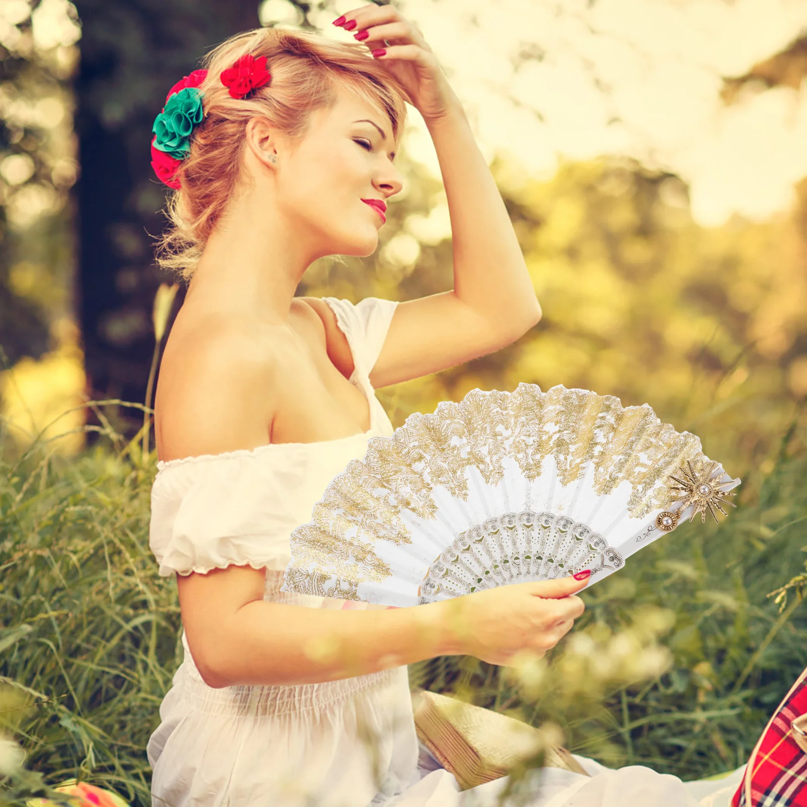 

Vintage Rose Folding Handheld Lace Fabric Fan For Wedding Party Dancing Photography Prop Foldable Fan Decorative Retro Zinc