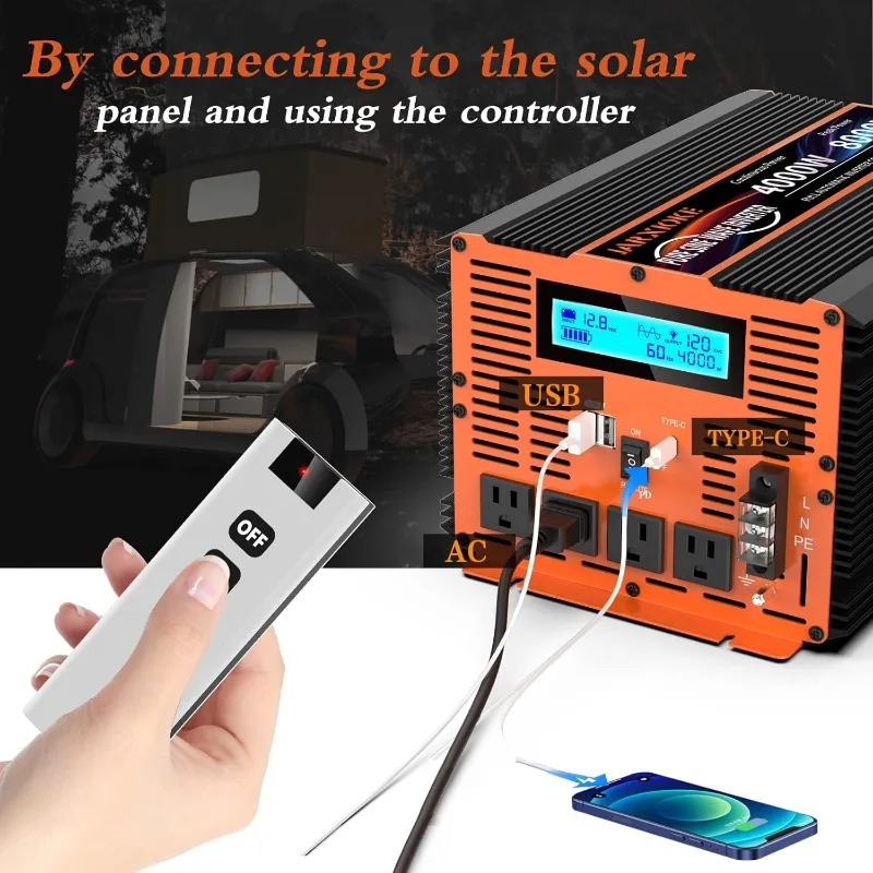 

4000 Watt Pure Sine Wave Power Inverter 12V DC to 110V 120V Converter with Type-C Ports 4 AC Power