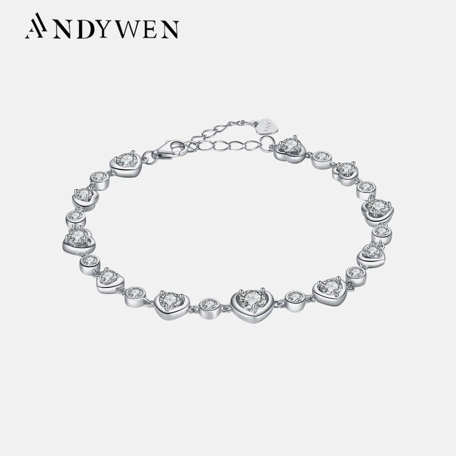 

ANDYWEN 925 Sterling Silver Heart CZ Charm Chain Bracelet Women Luxury Wedding Frienship Girls Party Fine Jewelry