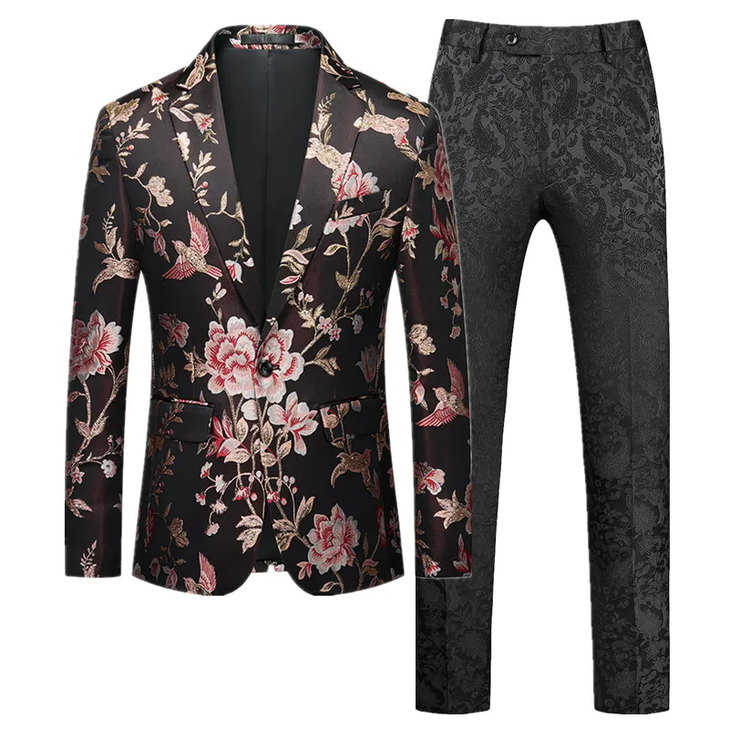 ( Jacket + Pants ) Men Jacquard Suit 2024 New Male Wedding Dance Party Flower Blazers and Trousers Large Size 6XL