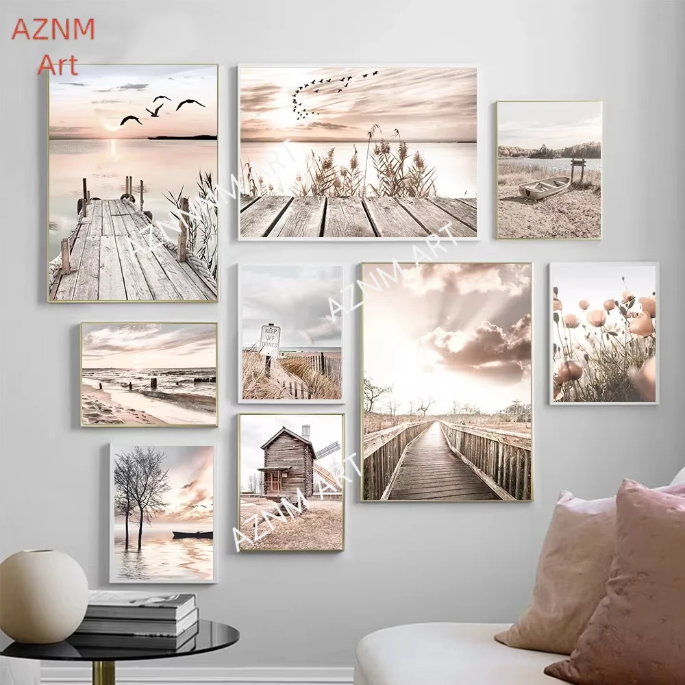 Meer Landschaft Leinwand Druck Strand Poster Holz Brücke Heu Blume Wand Kunst Malerei Nordic Wand Bilder Für Wohnzimmer Dekor