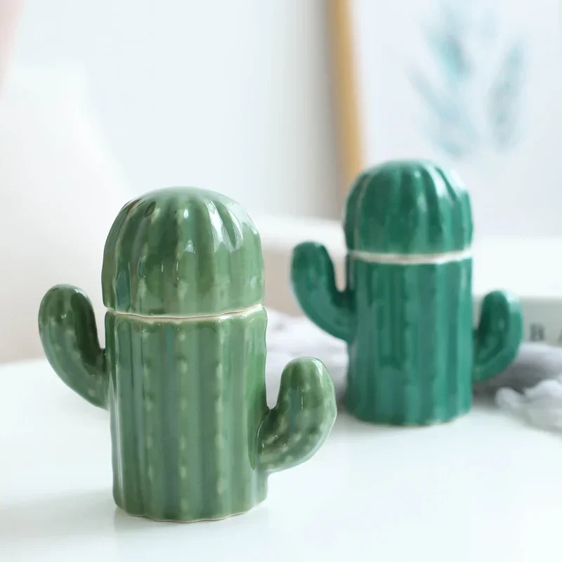 Green Cactus Storage Tank Decorative Ceramic Jar Candy Jar Cotton Swab Box Toothpick Holder Seasoning Dish Decor Storage Bottle view 3