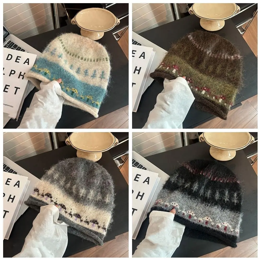 Casual Ethnic Style Fair Isle Style Knitted Hat Windproof Thicken Winter Pullover Hat Warm Retro Beanies Hat Winter