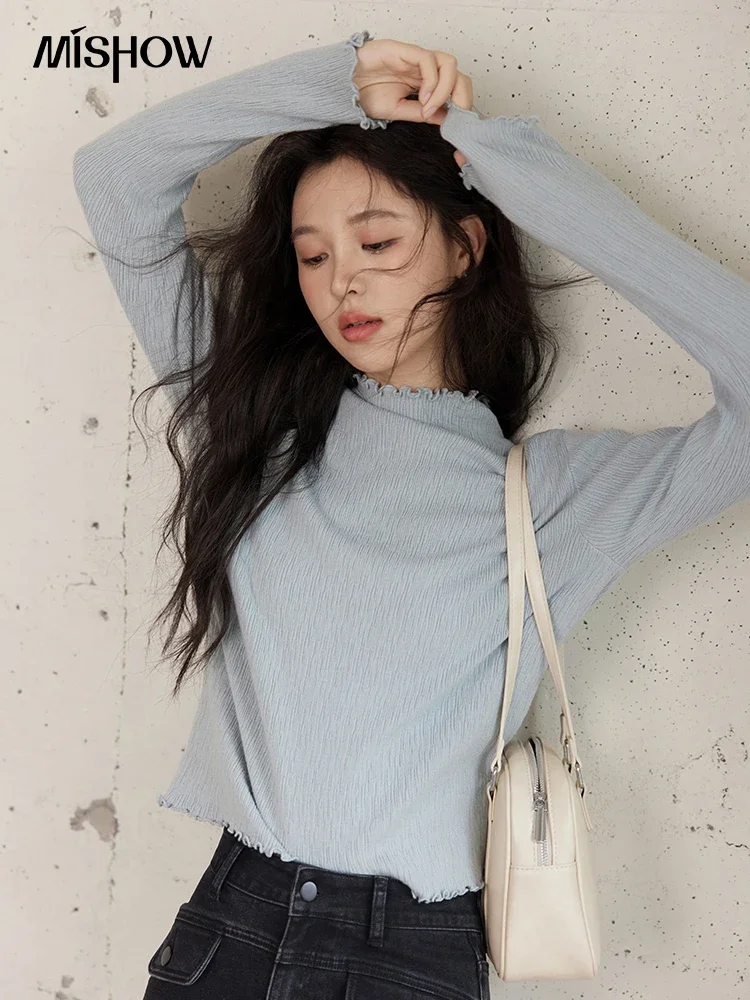 MISHOW Bottom Knitted Sweater Women Ruffled Edge High Collar Long Sleeve 2024 Winter Solid Slim Thin Internal Tops MXD48Z0850