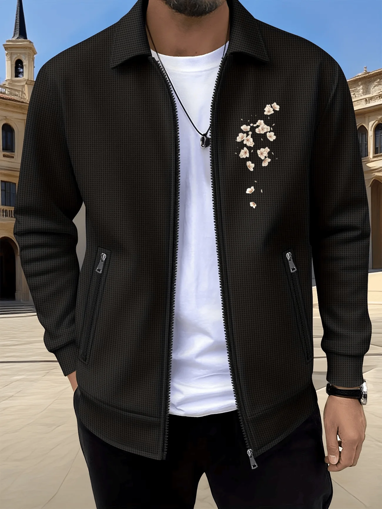 Men's casual lapel zip-up cardigan coat, stylish breathable waffle printed jacket, versatile top for outdoor sports