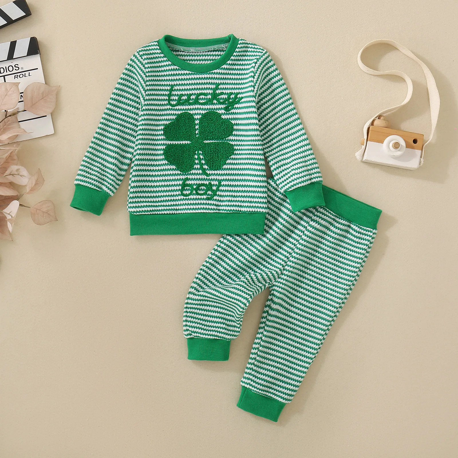 gender-neutral four-leaf clover towel embroidered green striped trousers set