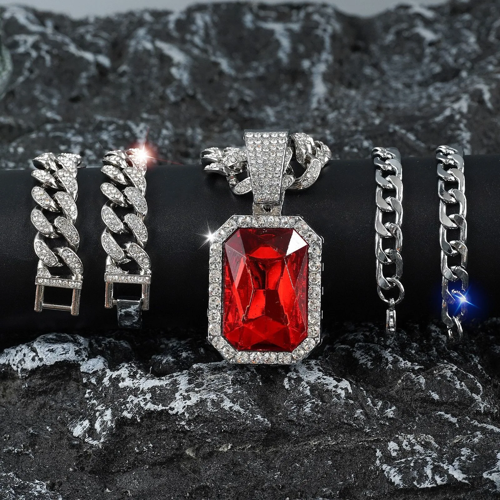 Men's Square Red Ruby Necklace Pendant & Cuban Chain Bracelet Set