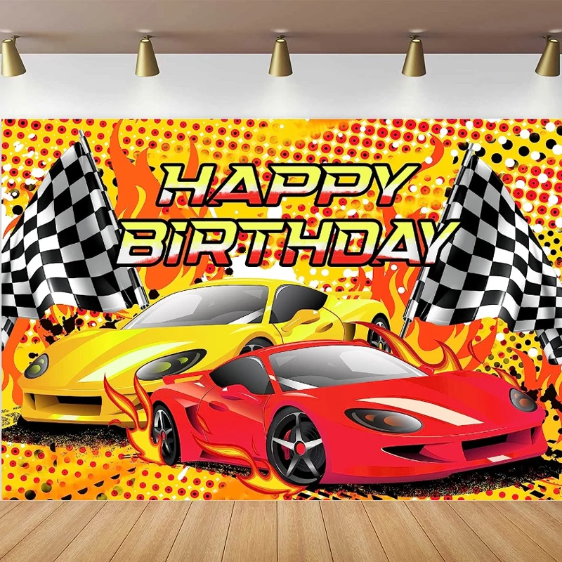 Racing Car Theme Photography Backdrop Black White Flags Yellow Background Boy Kid Happy Birthday Party Interior Decor Banner