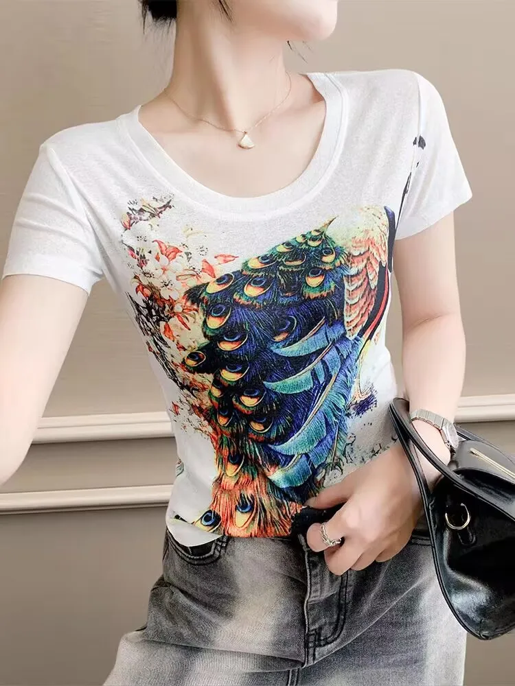 뜨거운 판매 눈길을 끄는 인쇄 공작 여성 티셔츠 봄 여름 여성 짧은 소매 탑 티 o-넥 하이 스트리트 S-4XL