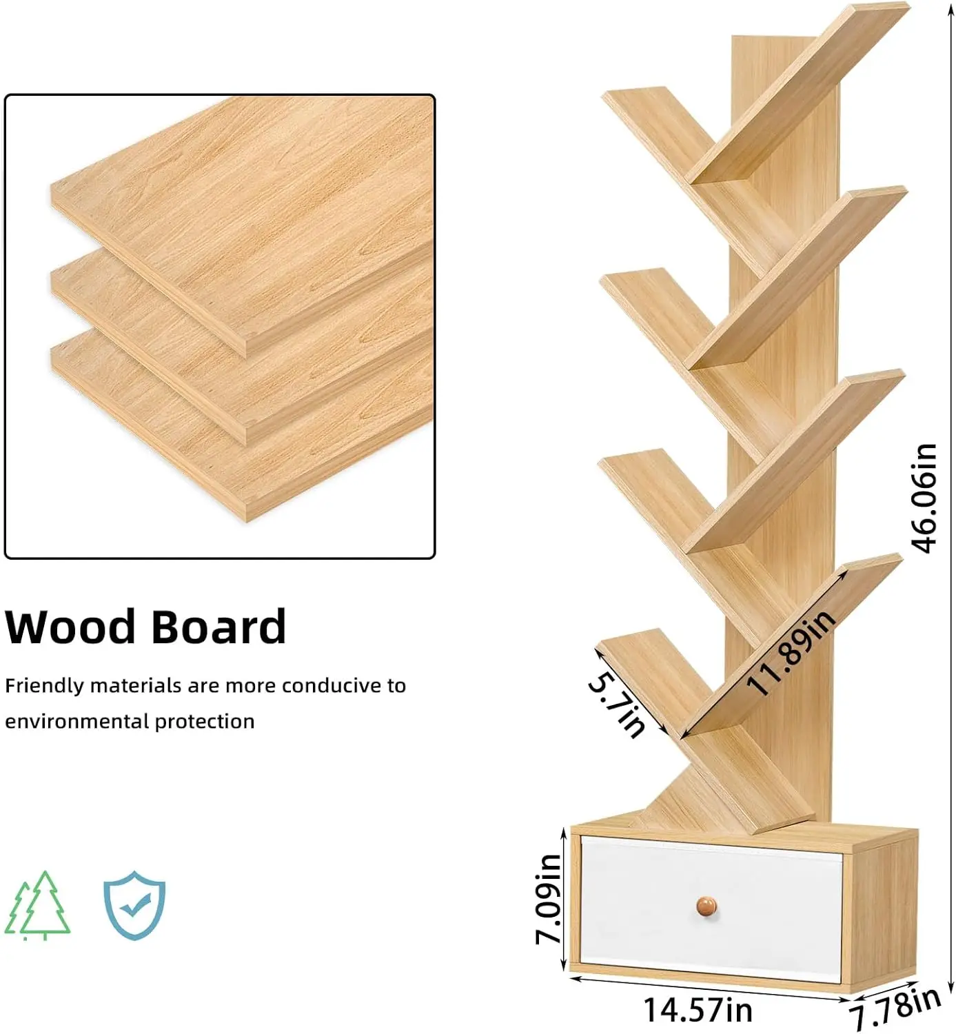 

8 Tier Tree Bookshelf With Drawer, Free Standing Wood Bookcase For Narrow Space, Storage Organizer Bookshelves For Books, Book
