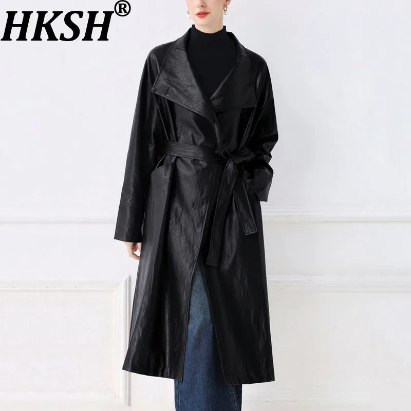 Hksh primavera outono novo casaco longo feminino couro do plutônio turn-down colarinho cor sólida bolsos cinto elegante jaqueta chique hk14049