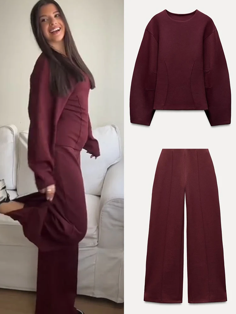 Повседневные бордовые комплекты из 2 предметов для женщин, тонкие топы с длинными рукавами и круглым вырезом, широкие брюки, костюм 2025, весенняя женская уличная верхняя одежда