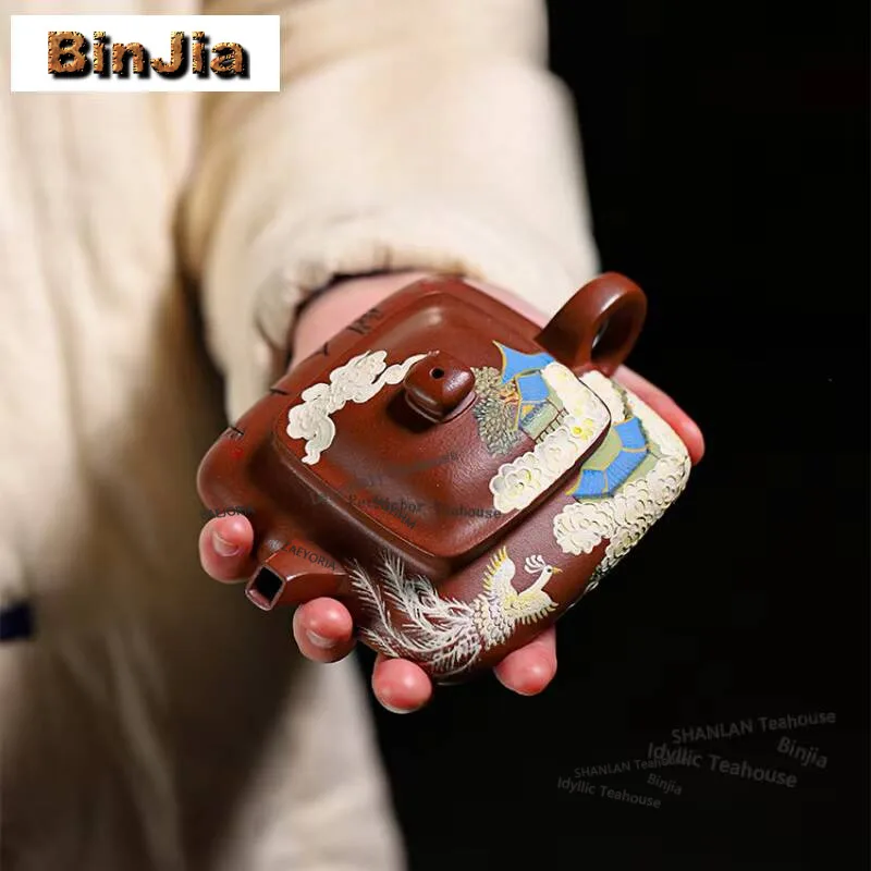 165ml Classic Yixing Purple Clay Teapot Handmade Square Pot Raw Ore Di Cao Qing Mud Tea Soaking Kettle With Infuser Zisha Teaset