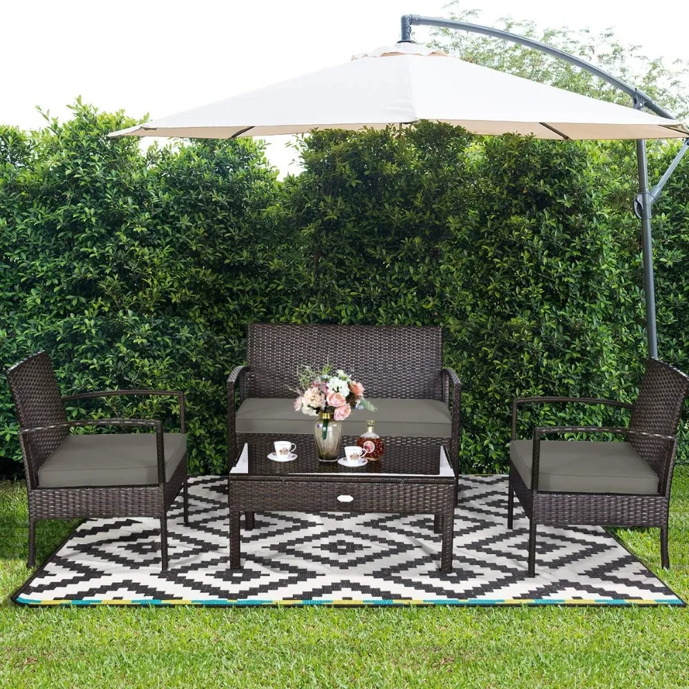 

4-Piece Patio Furniture Set, Garden Pool Lawn Rattan Wicker Conversation Set, Loveseat Sofa Cushioned Seat & Glass Top