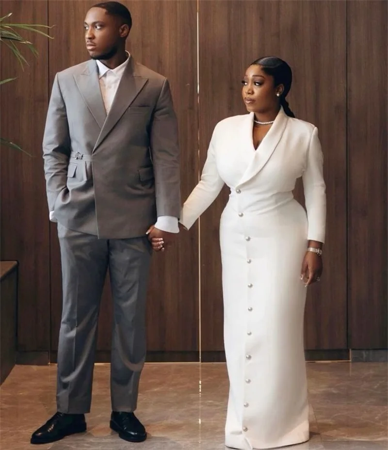 

Elegant White Women Suits 1 Piece Long Blazer Prom Dress Customized Office Lady Jacket Bridal Wedding Tuxedos Cotton Party Coat