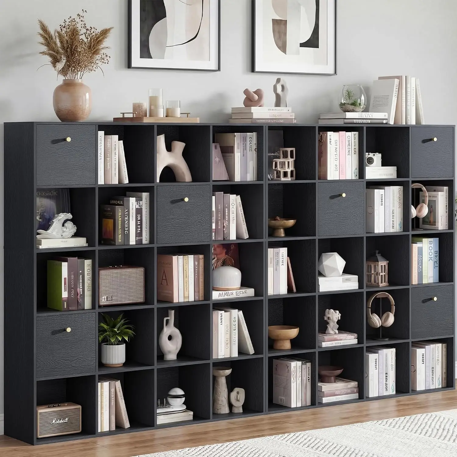 Black Cube Storage Organizer 2-Pack, 20 Open Shelves with 3 Fabric Drawers, Wood Grain Shelf for Living Customized
