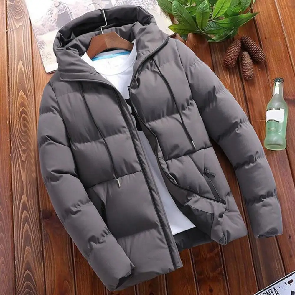 Soft Fabric Coat Hooded Jacket Men's Windproof Hooded Down Jacket with Zipper Closure Two Side Pockets Thickened Winter for Men