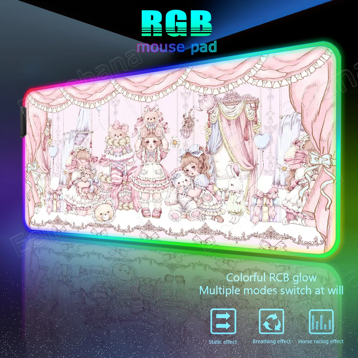 RGB Rococo Loli Pink Backlight LED Mouse Pad Bear & Rabbit Office Home Setup Cute Xxl Gaming Computer Luminescence Girl Desk Mat