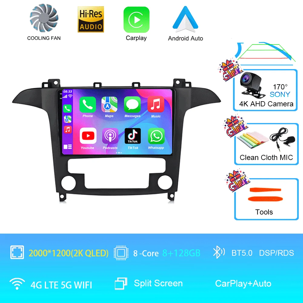 Android 16 voor Ford S-Max S-MAX 2007 2008 2009 2010 2011 - 2015 Videospeler Carplay Auto Multimedia Autoradio WIFI+4G DSP Stereo