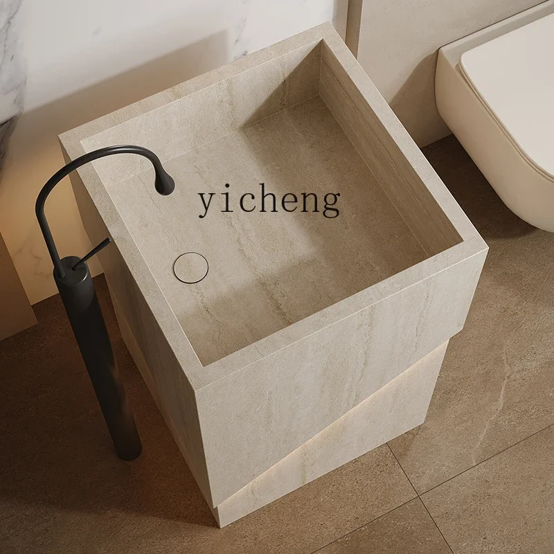 b1 hotel villa travertine rock slab column basin outdoor courtyard floor-to-ceiling integrated outdoor washbasin washbasin