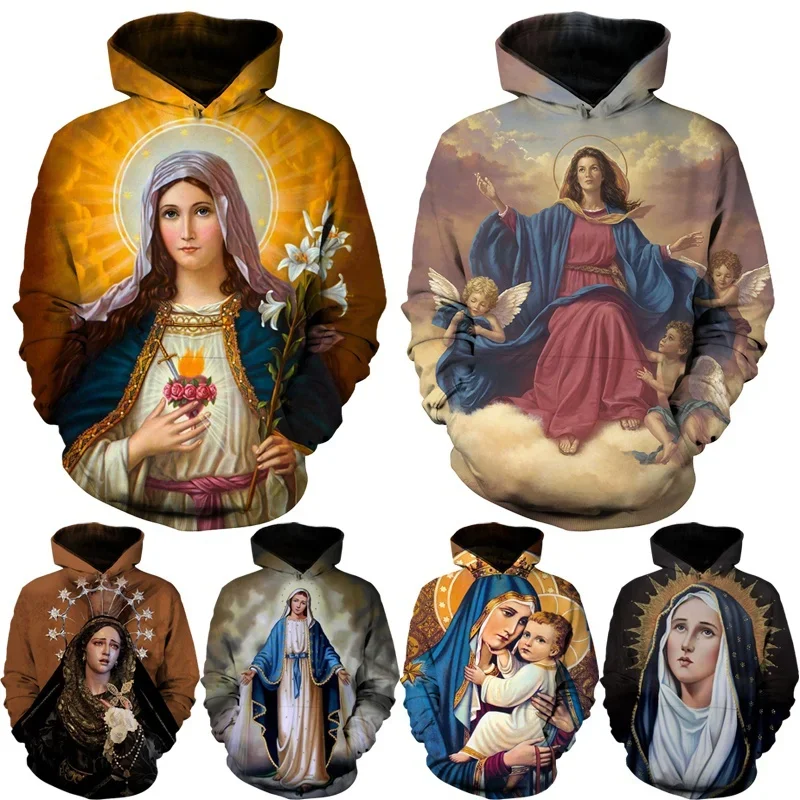 Fashion Printed Virgin Mary Pattern Casual Hoodie God Cross Jesus Virgin Mary Loves All Christians Unisex 3D Hoodie Personalized