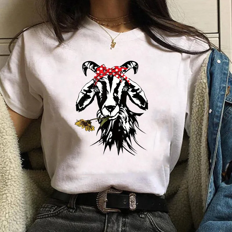 Camiseta con estampado de cabra para mujer, camiseta Harajuku de cabra, Tops divertidos de manga corta a la moda para verano