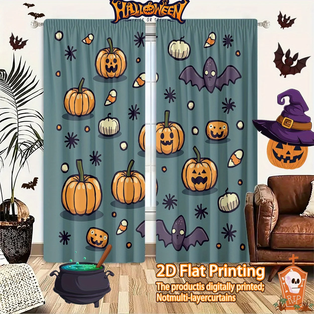 Halloween Pumpkin Bat Curtains 2D Printed Living Room Bedroom Window Drapes Holiday Party Decor