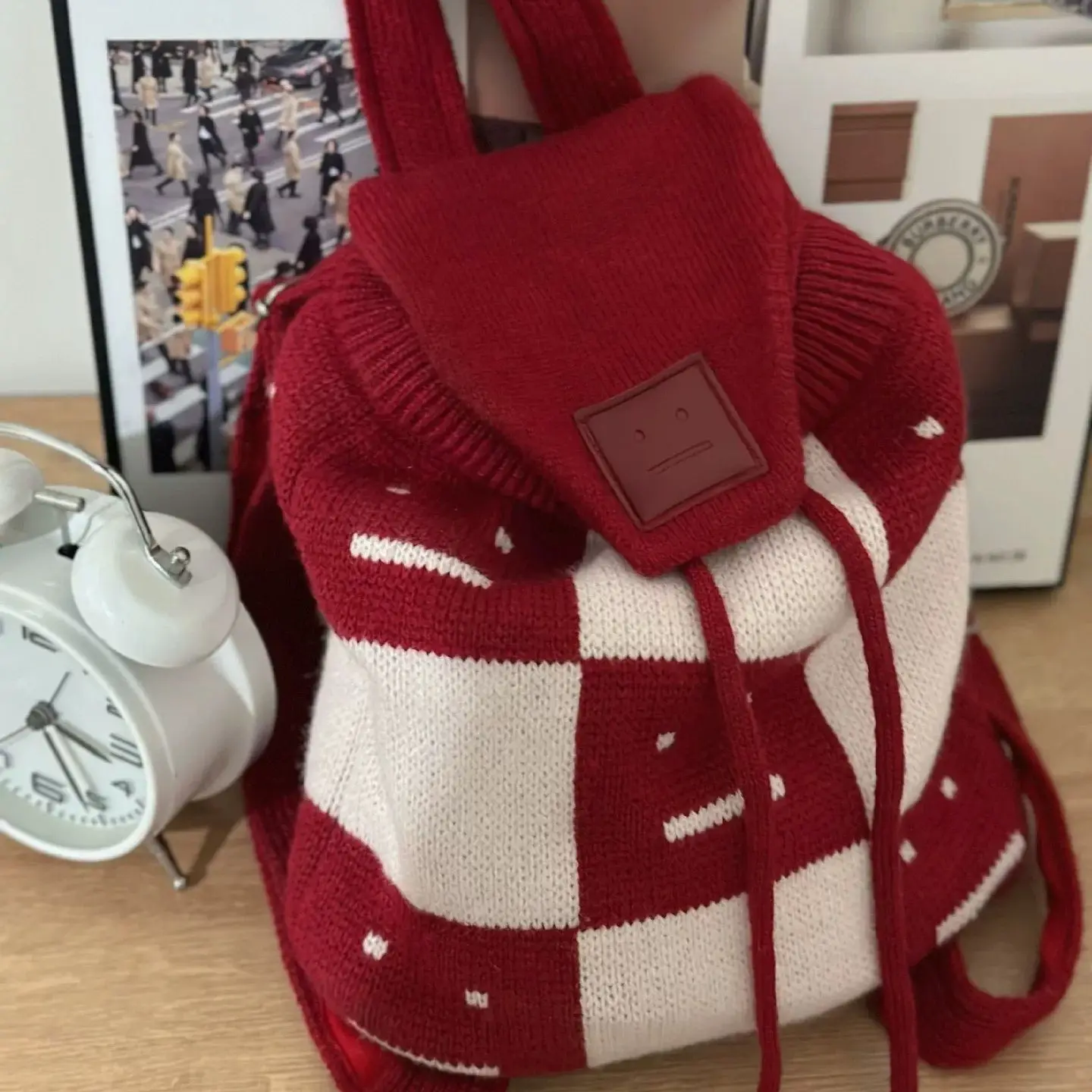 Ins الكورية محبوك ابتسامة الوجه على ظهره المرأة منقوشة كتلة اللون سعة كبيرة الرباط Daypack السيدات اليومية Mochilas Mujer جديد